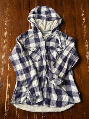 Columbia Navy and White Plaid Hooded Button-Up Jacket